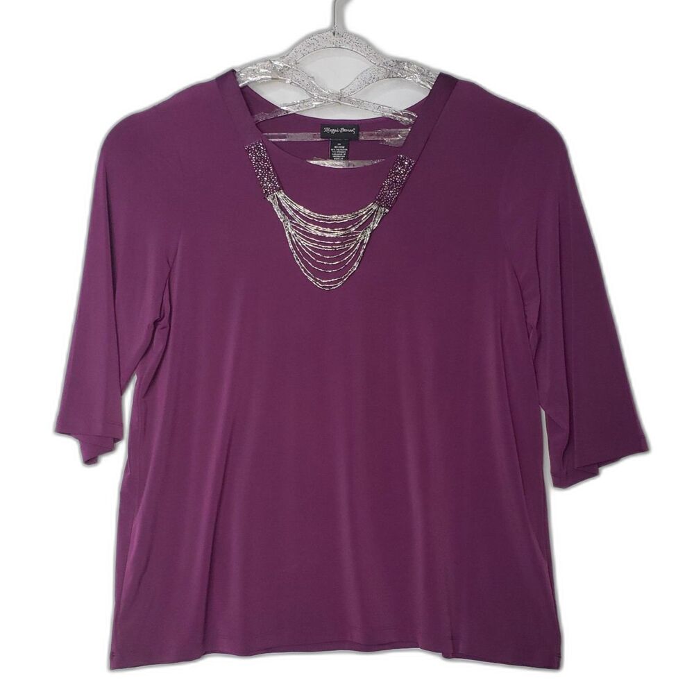 MAGGIE BARNES Purple Blouse With Beaded Necklace Womens Plus Size 1X NEW